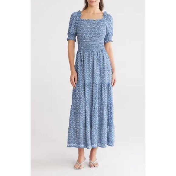 Max Studio Smocked Tiered Maxi Dress Cream Sky Size L NWT Short Sleeve - Picture 1 of 11